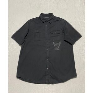 Sean John Black Cotton‎ Short Sleeve Button Up Emblem Shirt Men's L Graphic